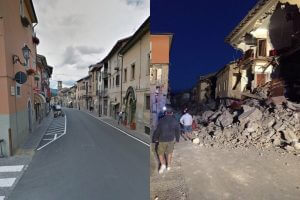 Amatrice egyik utcája a földrengés előtt és után