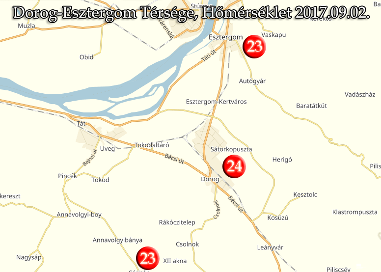2017. szeptember másodikára várható hőmérsékletek Dorog és Esztergom térségére